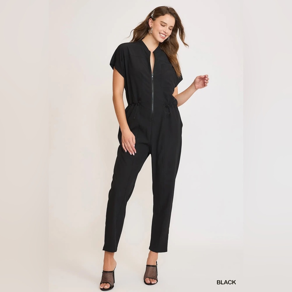 NWT Umgee Black Short-Sleeve Zip Front Jumpsuit